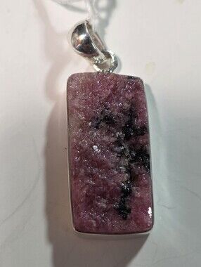 Sterling Silver Pink And Black Raw Rodanite Rectangle Pendant by